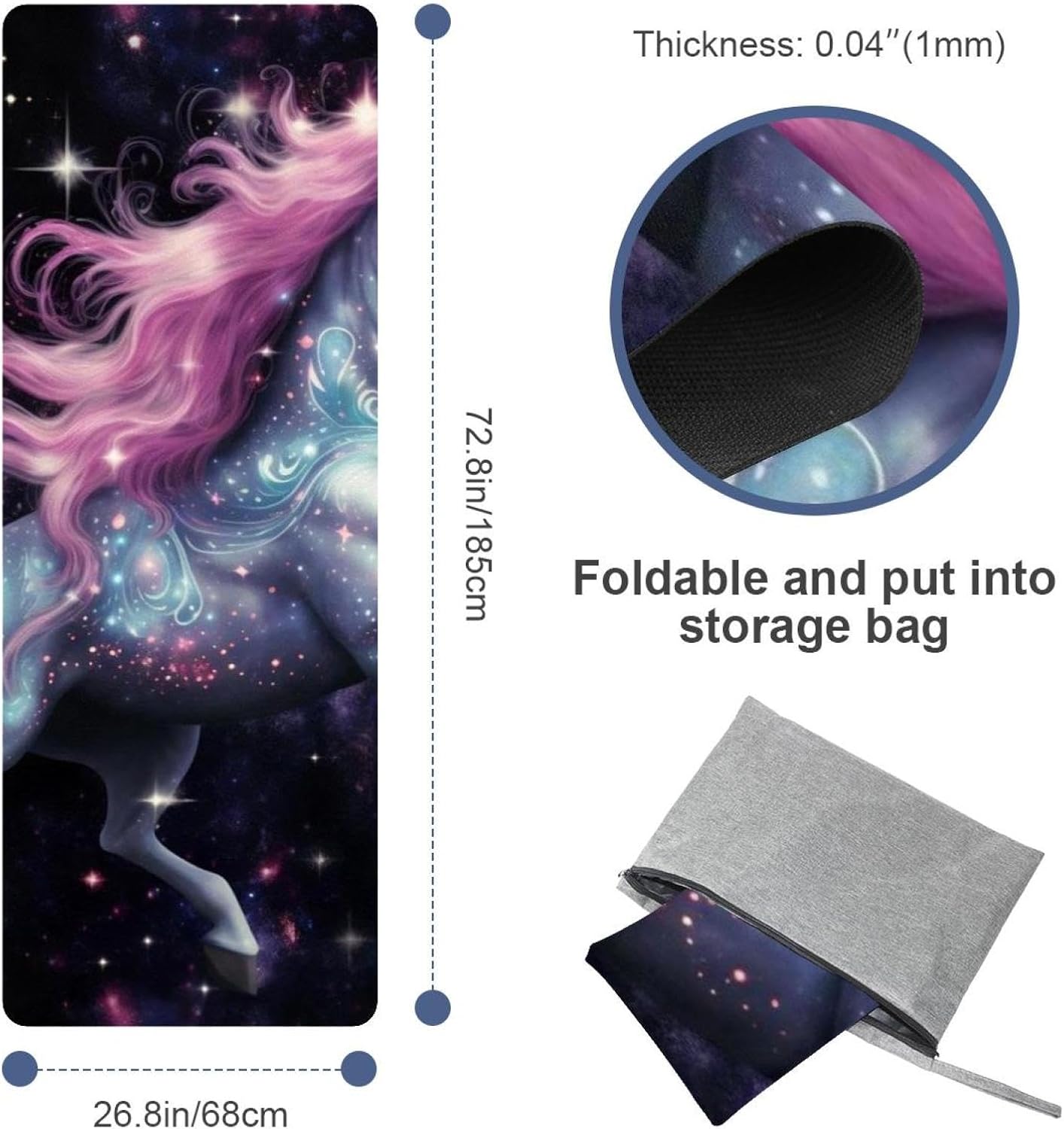 Yoga Towel, Galaxy Unicorn Pattern Non Slip Sweat Absorbent Hot Yoga Mat Towel for Hot Yoga, Pilates and Fitness - 72.8" x 26.8"