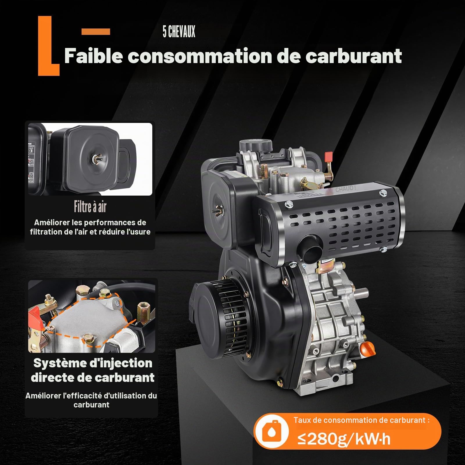Moteur diesel monocylindre - 5 CV - 4,05 kW - Démarrage manuel - 247 cc - Refroidi par air - Moteur diesel à 4 temps - 3600 tr/min - Diamètre du vilebrequin : 2 cm - Moteur industriel de