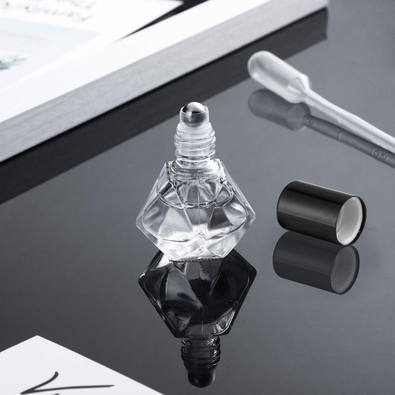 12 Pieces 8 ml (0.27 oz) Clear Roller Bottles DIY Essential Oil Roller Bottle Glass Cosmetic Containers and 12 Pieces Plastic Dropper for Essential Oils Perfumes Aromatherapy (Black)