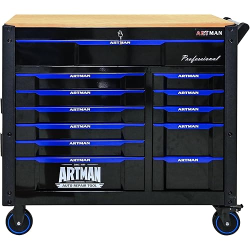 Large Tool Chest with Wheels, Rolling Toolbox with Drawers, Metal Storage Tool Cart with 41‘’ Wood Top and Side Handle for Garage, Shop (Bonus Drawer Liners) — Black/Blue