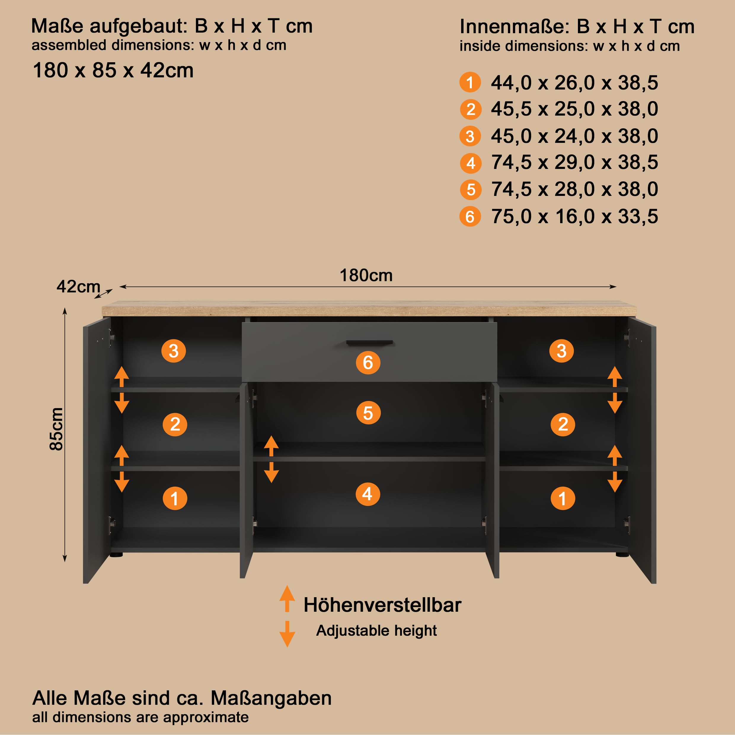 Sideboard Baggio Anthrazit · B 180 x H 85 cm