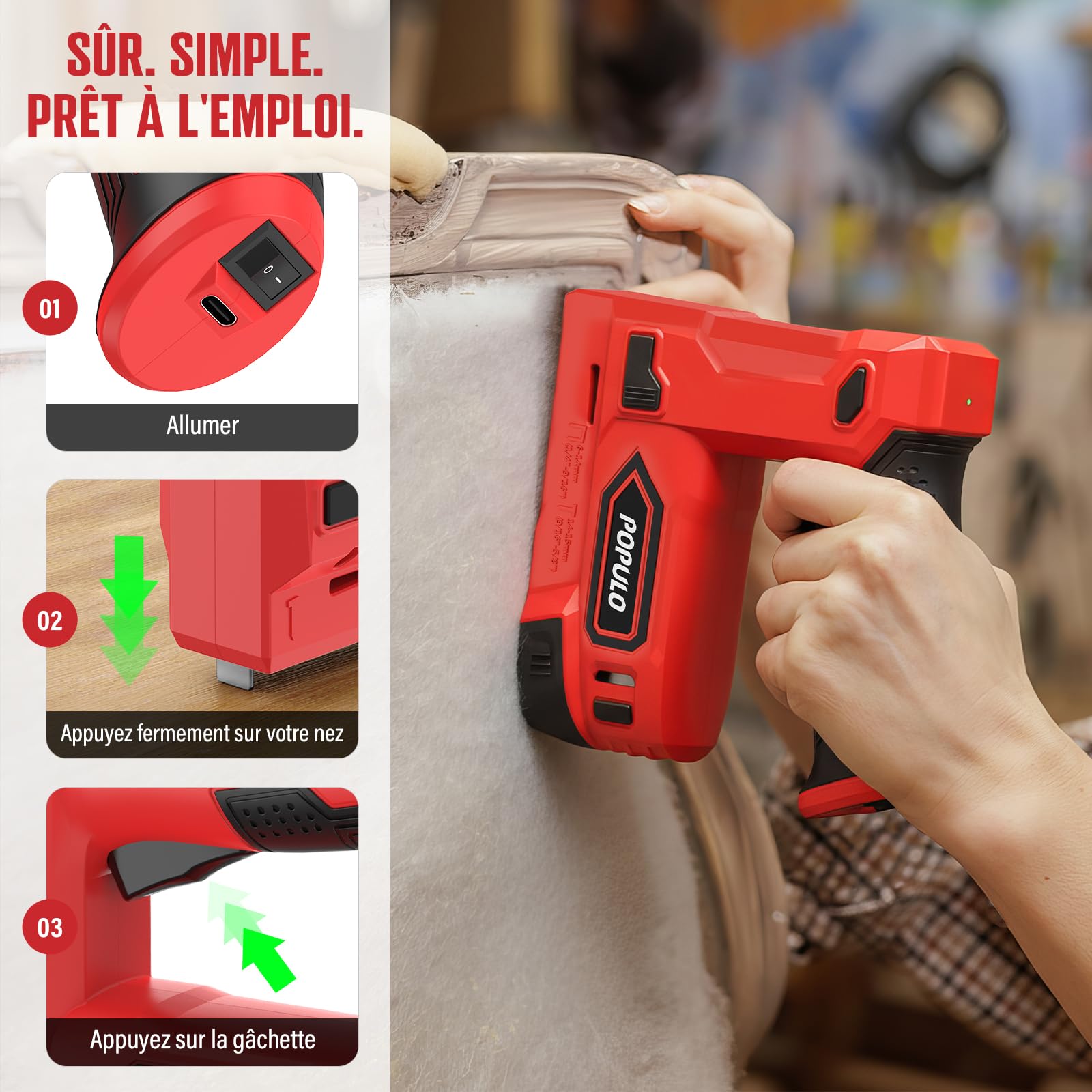 POPULO Agrafeuse électrique 2-en-1 sans fil 4 V lithium-ion avec charge USB-C – inclut arrache-clou, agrafes et clous pour tapisserie, réparation de meubles, moquette et bricolage maison