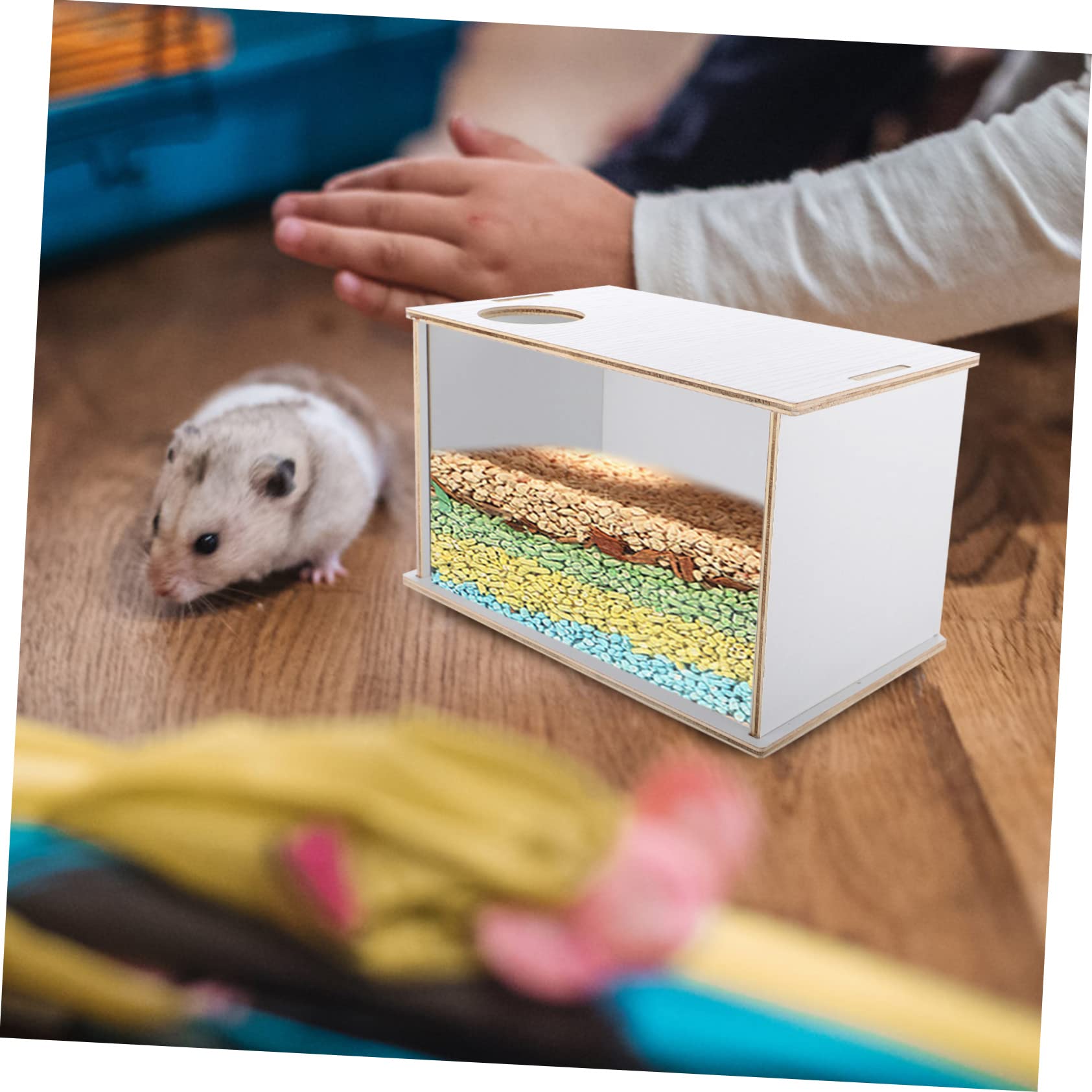 UPKOCH Hamster Sandbad mit Abdeckung, Transparent, Acryl Holz, Weiß