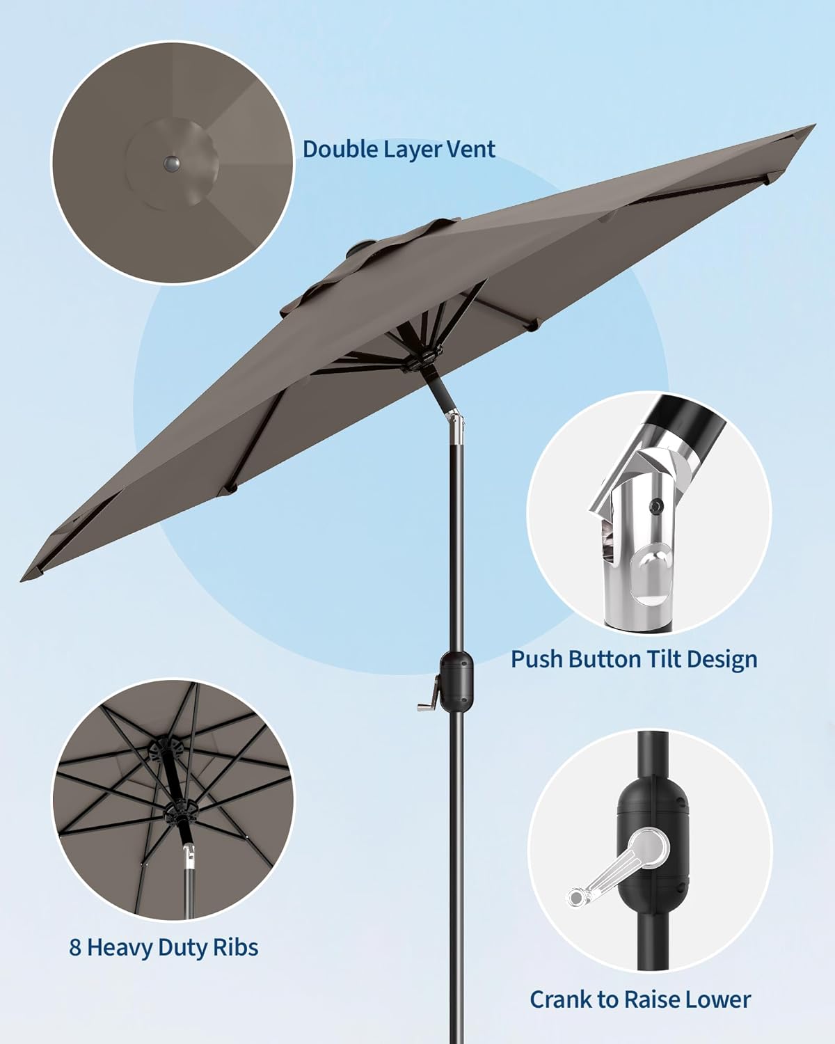 GarveeLife 9 ft Outdoor Patio Umbrella, Outdoor Table Umbrella, Market Umbrella with Push Button Tilt and Crank, 8 Sturdy Ribs UV Protection Waterproof for Garden, Deck, Backyard, Pool (Taupe) - Image 2