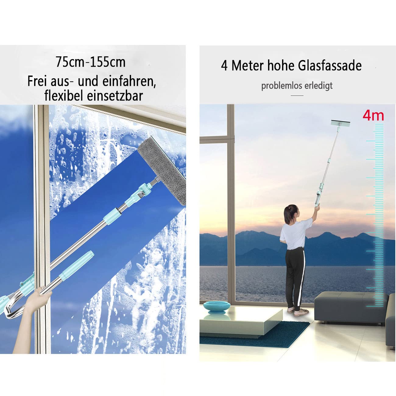 Fensterputzer Mit U-förmiger Teleskopstiel,Wasser Sprühbar,Scheibenabzieher Window Mit Um Drehbarer Reinigungskopf Für Externe Doppelseitiges Fenster,Keine Sackgassen