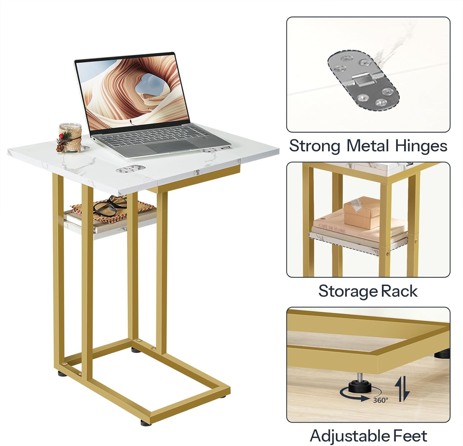 Diagram showing strong metal hinges, storage rack, and adjustable feet for the C-shaped end table