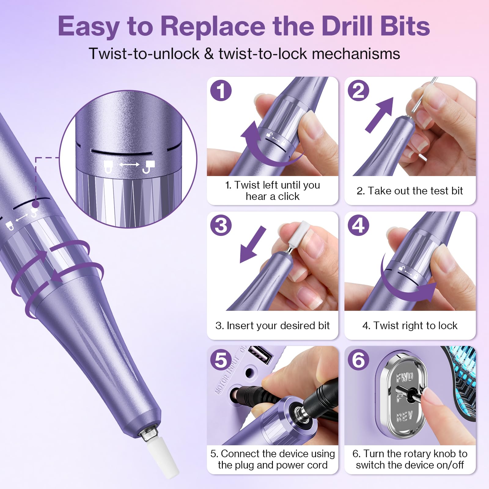 Taladro eléctrico profesional de uñas E-file – Kit de taladros de uñas con cable de 50,000 RPM con bajo ruido y pantalla LED, máquina pulidora de uñas de gel acrílico para salón de belleza y hogar