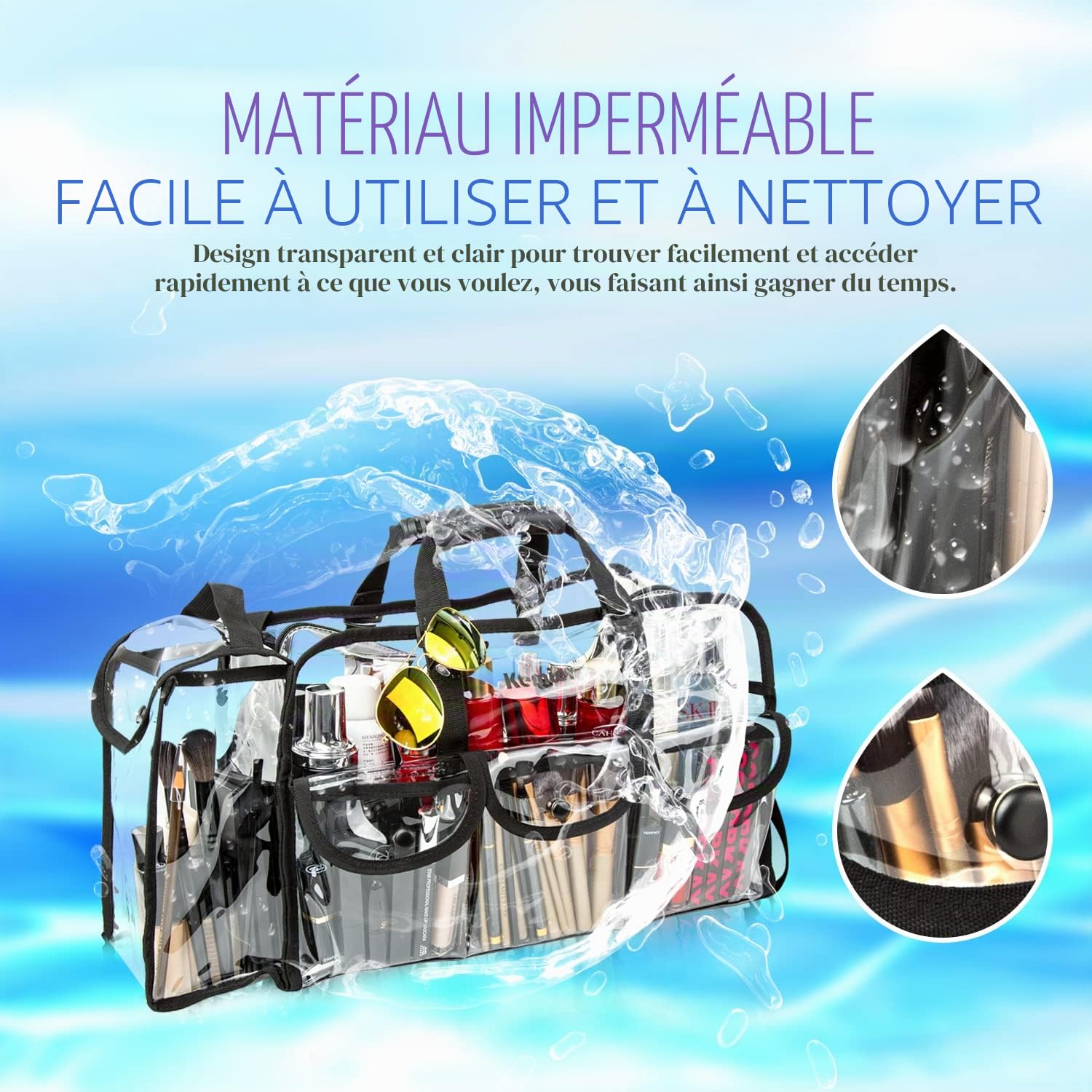 Sac Transparent de Trousse de Maquillage pour Voyage avec 6 Grandes Poches Extérieures étui de Rangement Cosmétique avec Bandoulière