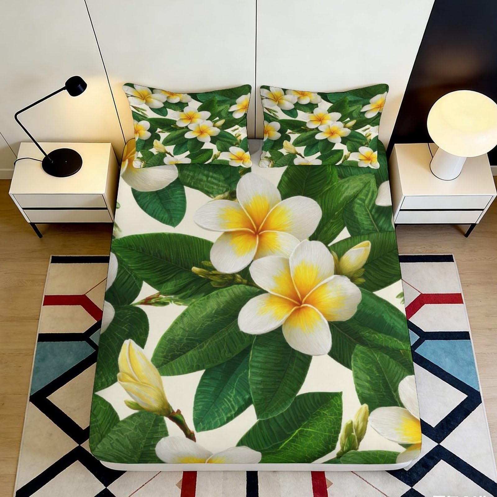 3D Printed Tropical Plumeria Fitted Sheet Microfiber Soft Breathable Green Leaf Bed Cover for Bedroom Dormitory Guest Room Mattress Protection 90x200x25cm