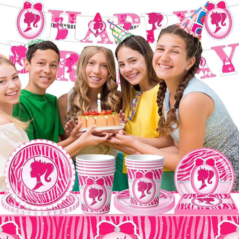 52Pcs Stoviglie per Compleanno Barbiprincipessa, Principessa Party Compleanno, Piatti Tazze Tovaglioli Banner Tovaglie, Kit di Stoviglie per la Festa di Compleanno, 10 Ospiti