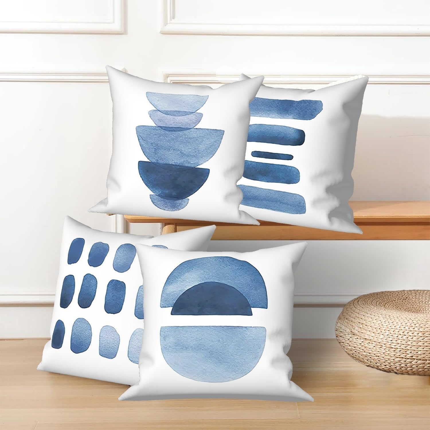 4 Pcs/Set White Abstract Throw Pillow Covers with Blue Geometric Patterns Invisible Zipper Square Cushion Cases for Chairs Couch Balcony Bedroom Home Outdoor 20"x20"