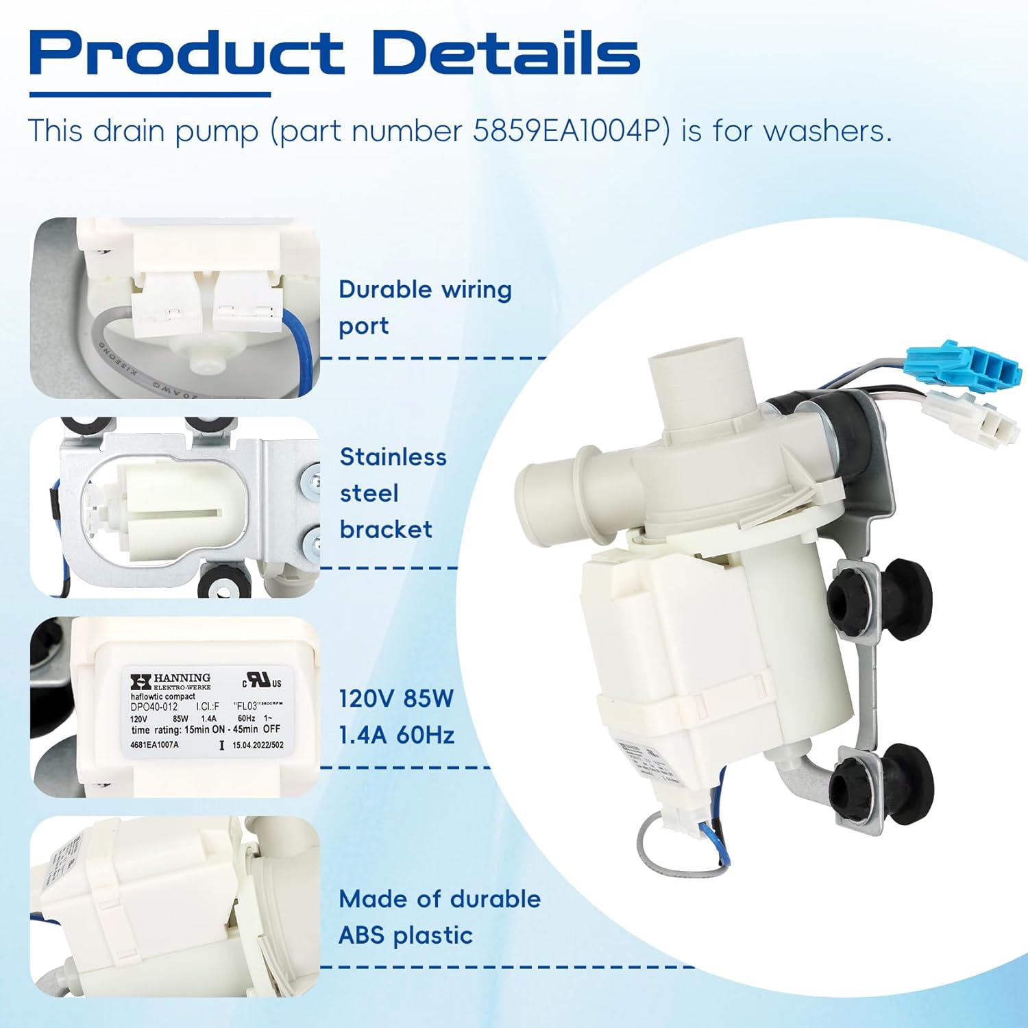 5859EA1004P Washer Drain Pump Assembly,5859EA1004P Washer Drain Pump Motor Compatible with lg Washing Machine, 5859EA1004F 5859EA1004P 5859EA1004E 5859EA1004G Washer Drain Pump
