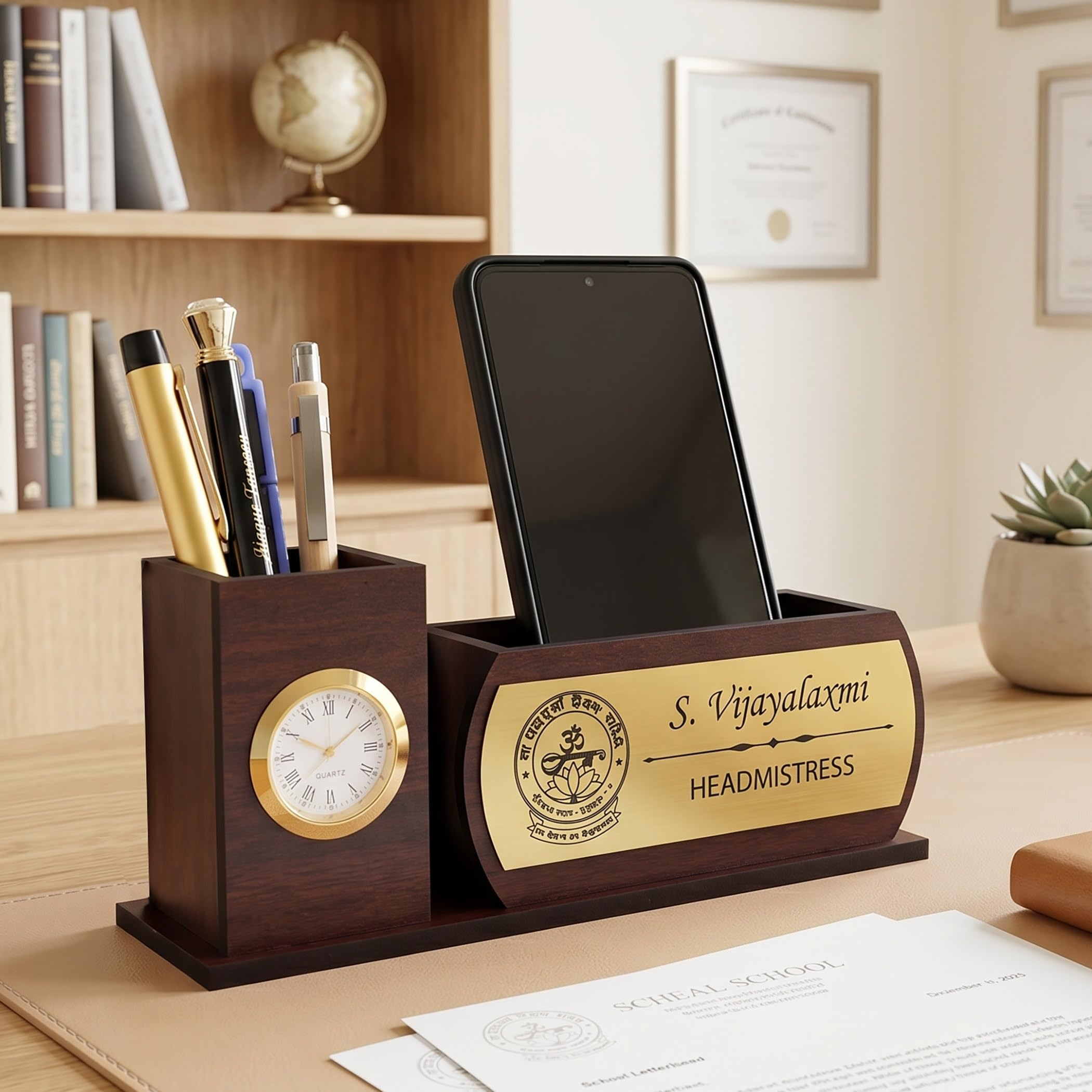 AJANTA ROYAL Personalized Professional Wooden Desk Organiser with Clock, 2 Compartments, Name Plate, 20.3 x 8.9 x 6.3 cm (Brown)