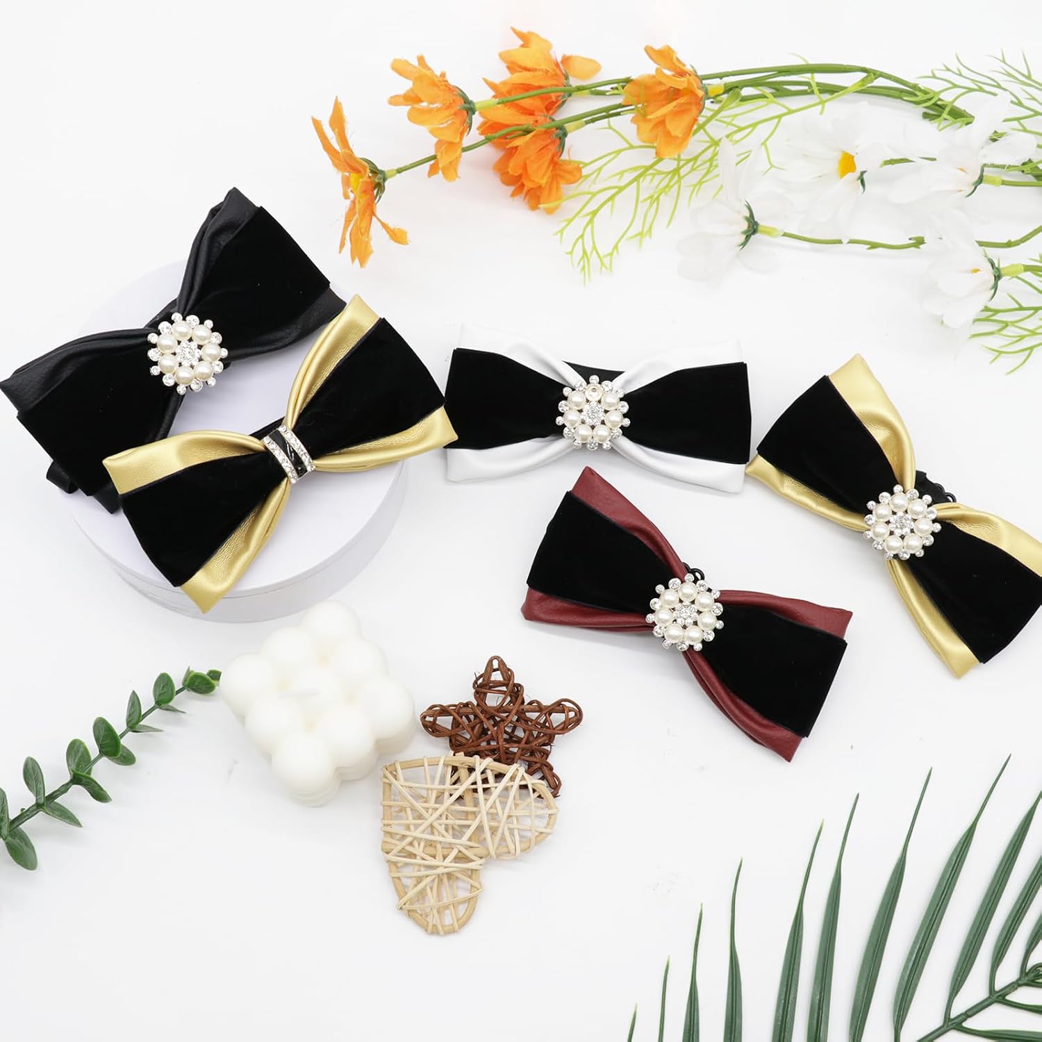 PU Leather Bow Ties for Men, Tuxedo Bow Ties with Rhinestone Pre-tied Adjustable Men's Bowties for Formal Banquet