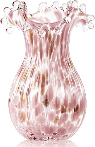 Hand Blown Glass Vase for Flowers, 9 Inch Pink Flower Vase | Unique Modern Art Glass Vases with Wavy Ruffled Fluted Rim, Colorful Pretty Decorative Home Decor Table Centerpiece