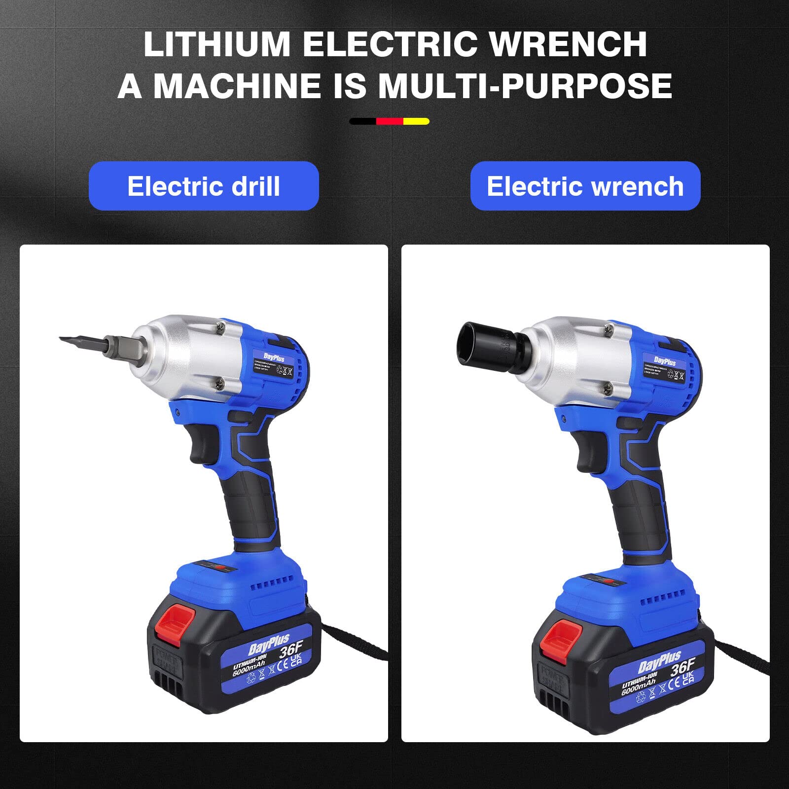 Atornillador de impacto con batería, llave de impacto de 1/2 pulgadas, portabrocas de 18 V, atornillador de impacto giratorio con 1 batería, 4 accesorios, tuercas, juego de herramientas