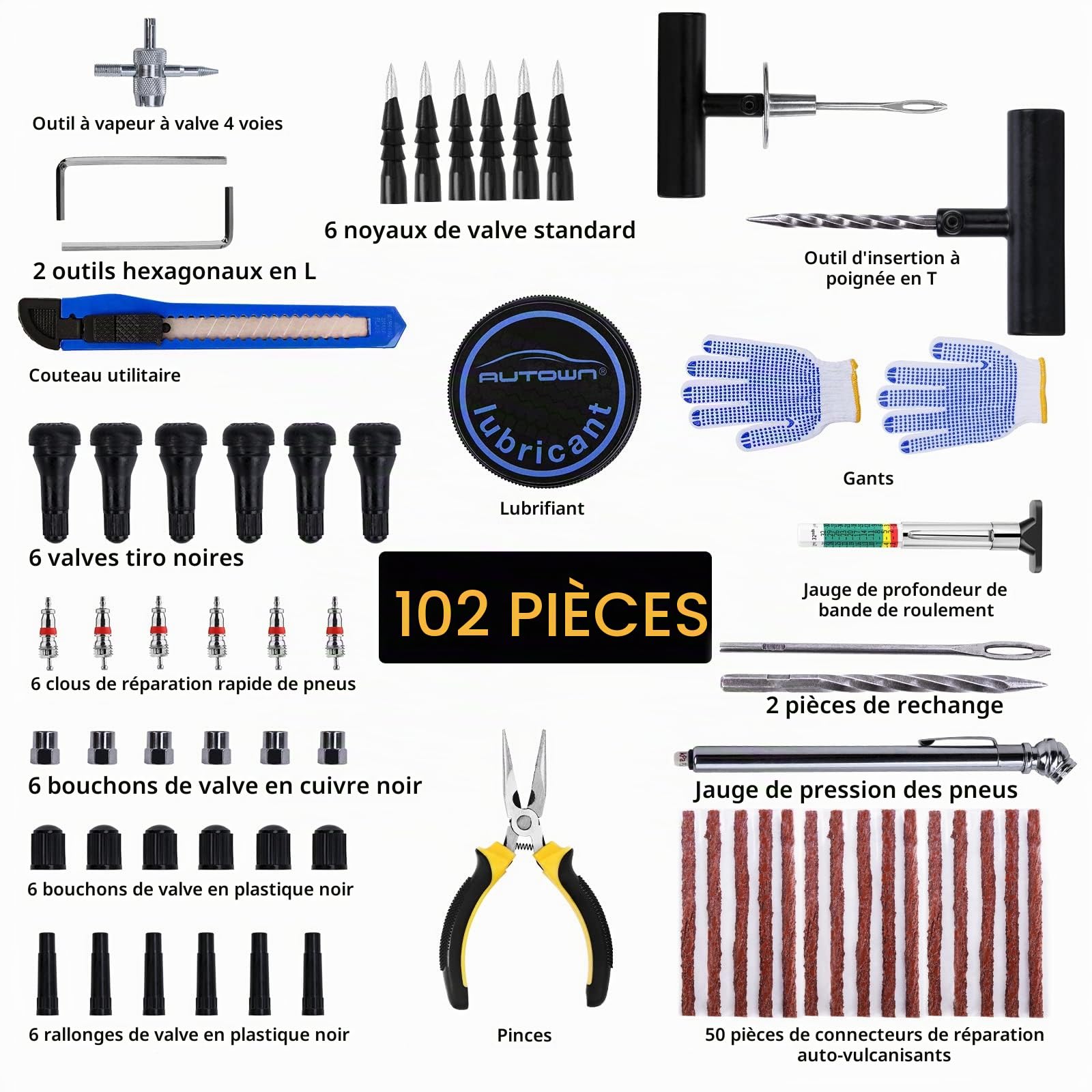 Autown Kit De Réparation De Pneus, 102 Pièces Meche Pneu Crevaison pour Voiture, Universel Kit Reparation Pneu Voiture Et Boucher Les Trous, Bouchons De Réparation De Pneus