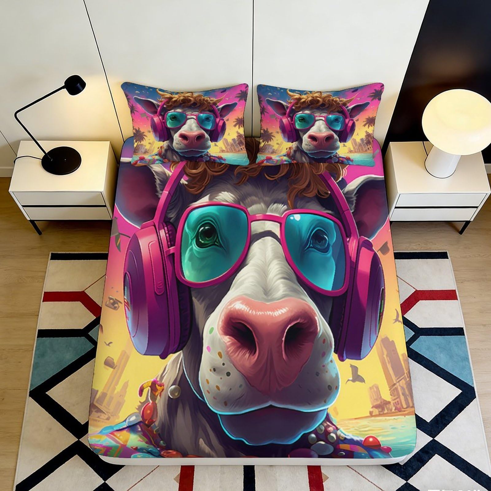 3D Printed Cow Headphones Fitted Sheet Microfiber Vibrant Bed Sheet for Bedroom Dorm Mattress Protection Decor 90x200x25cm