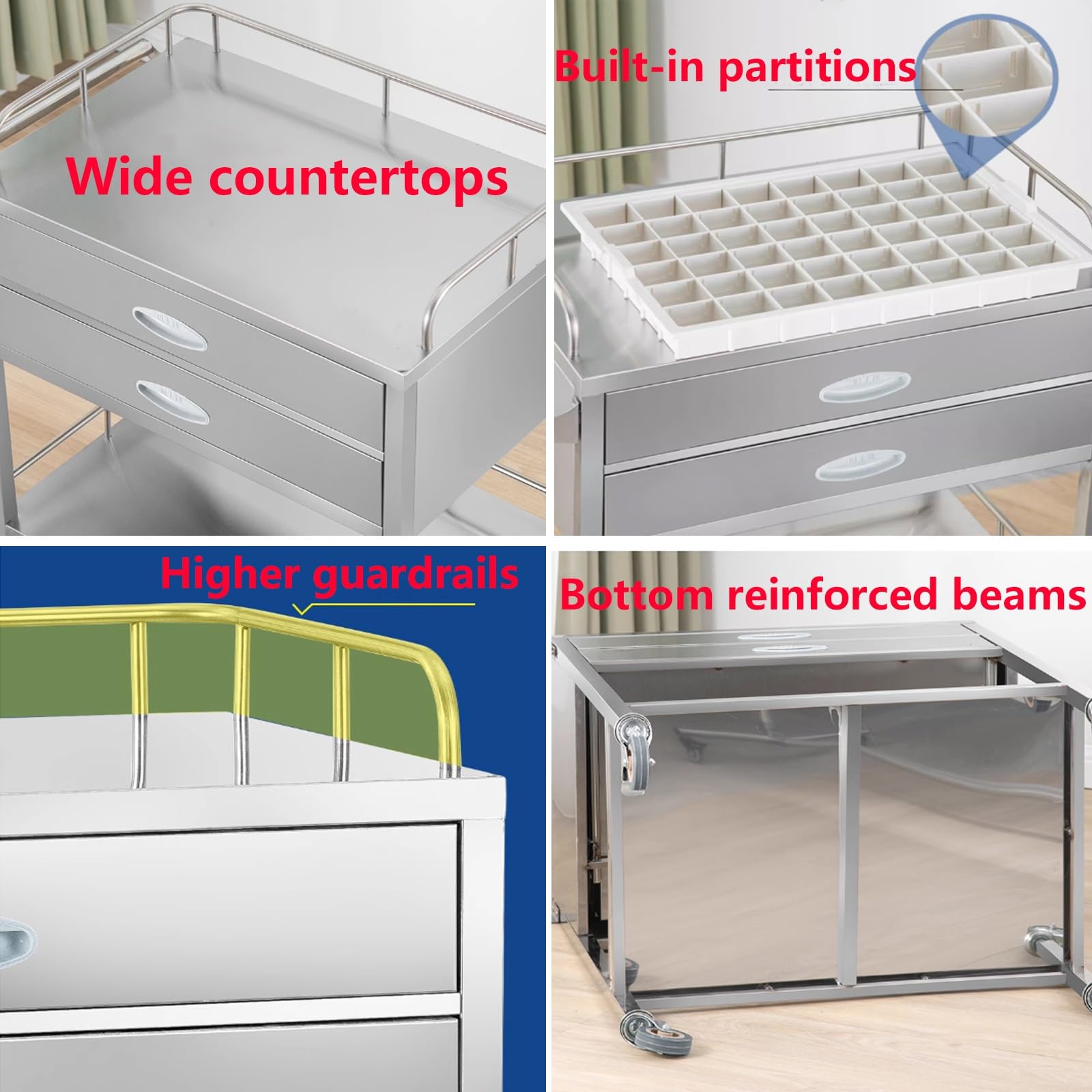 Chariot De Laboratoire en Acier Inoxydable, Chariot Médical 2 Couches 2 Tiroirs, Chariot De Chirurgie Médicale Dentaire, Chariot De Service Portable sur roulettes