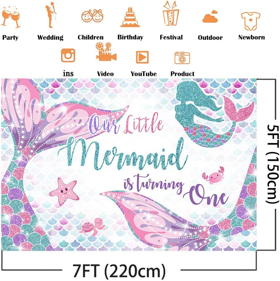 Avezano Mermaid 1st Birthday Backdrop Our Little Mermaid is Turning One Party Background First Birthday Party Decoration Under The Sea Birthday Dessert Table Banner (7x5ft)