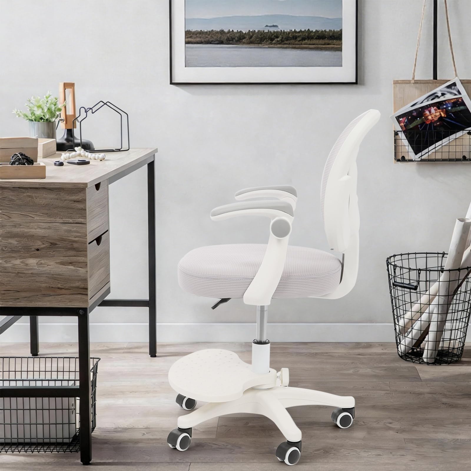 Sedia da scrivania per bambini, ergonomica, con braccioli e poggiapiedi regolabili, sedia girevole per bambini, sedia per computer, adatta per ragazze e ragazzi (grigio chiaro)