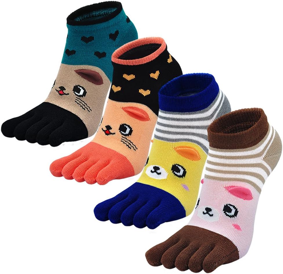 Womens Toe Socks Ladies Five Finger Cotton Socks, Womens Funny Cute Cat Animal Socks Ladies Novelty Socks with Toe, Christmas socks, 4 Pairs