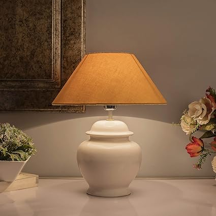 Homesake Ceramic Pot Shaped Base White Table Lamp with Golden Cone Shade, LED Bulb