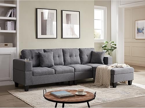 Sofá cama y sofá con 2 portavasos, sofá seccional de tela moderna, modular en forma de L con otomana, juegos de muebles de sala de estar,