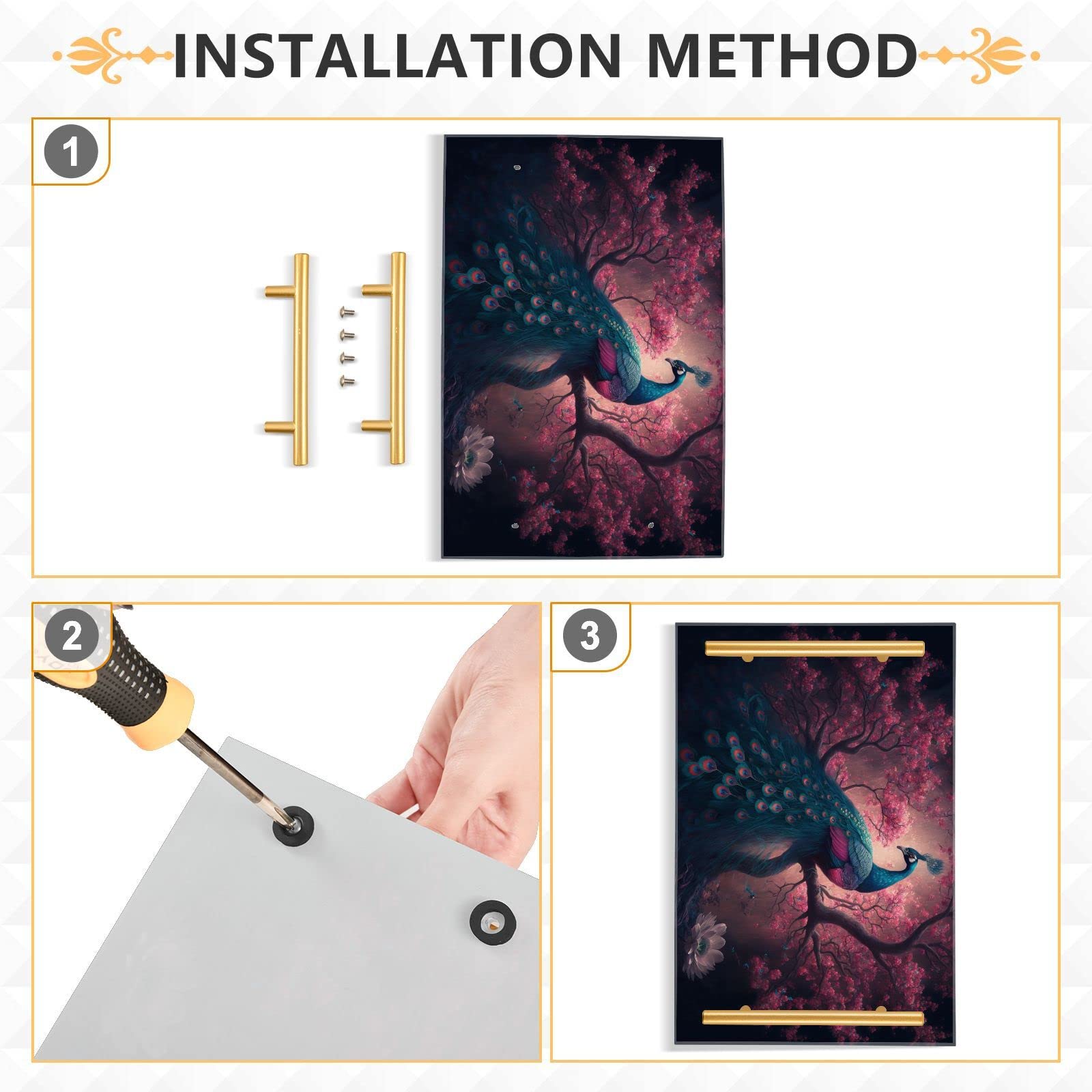 FOLIOSA Vanity Tray (Peacock Pink Flower), Acrylic Decorative Serving Tray with Metal Handles for Bathroom Living Room Bedroom 7.87×11.81 inches