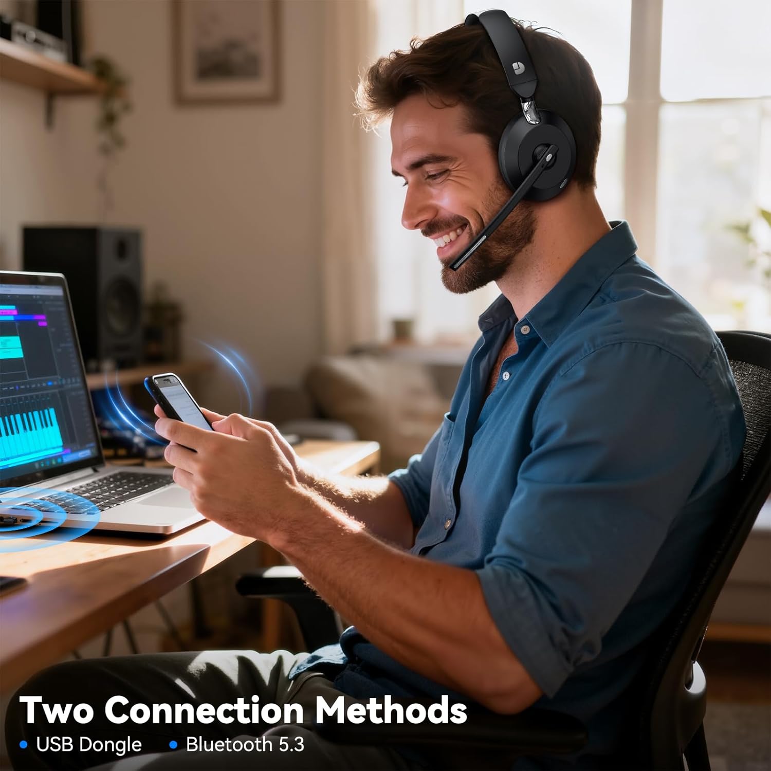 Wireless Headset with Mic for Work, Wireless Headphones with Mic (Noise Cancelling), Charging Base & Mute Button, Bluetooth Headset with Microphone with USB Dongle for Remote Work/Office/Zoom/Teams - Image 3