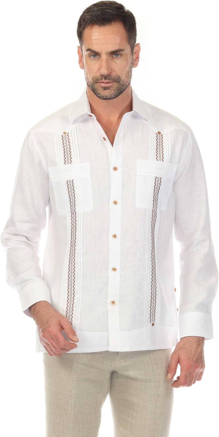 Mojito Collection Men's 100% Linen Guayabera Shirt Long Sleeve with Embroidered Trim
