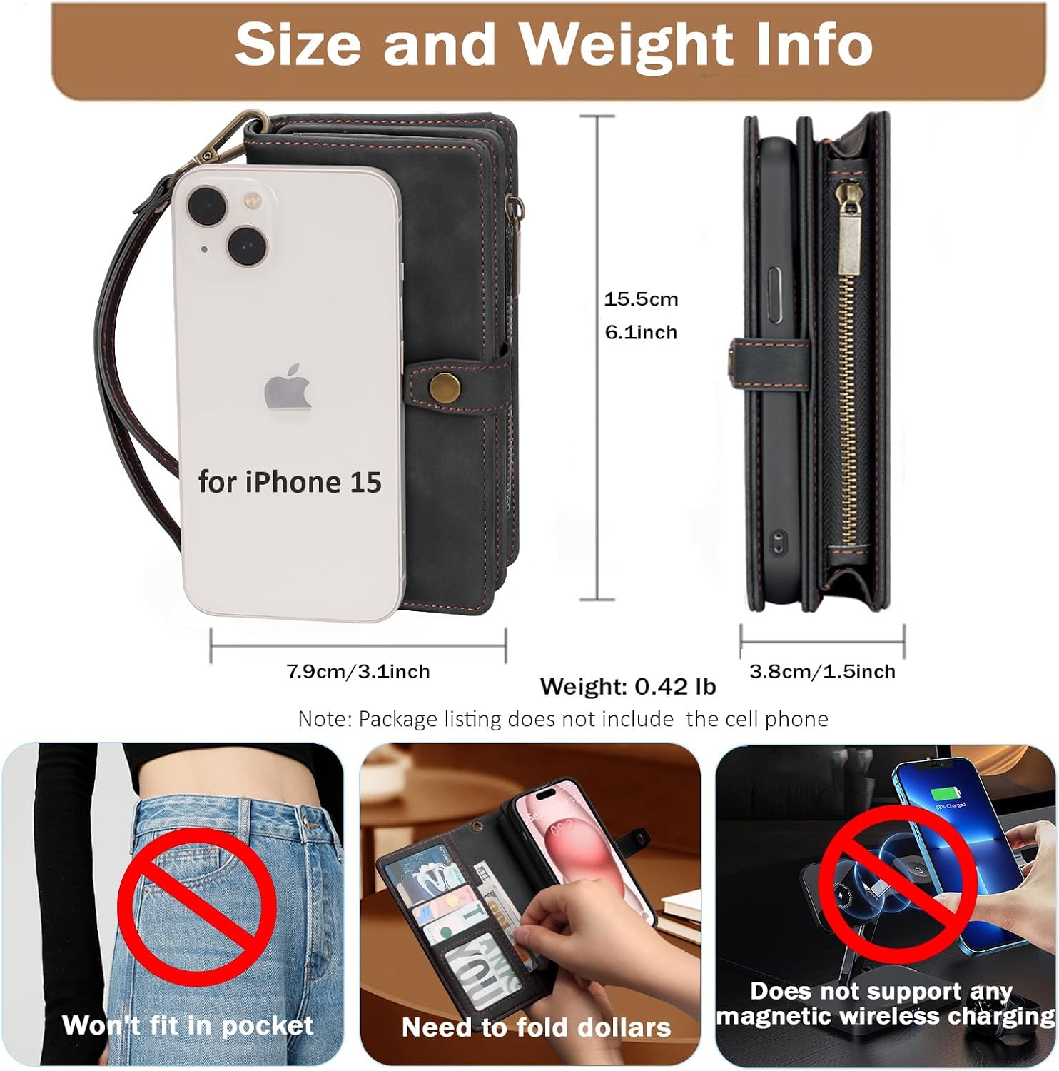 TwoHead for iPhone 15 Wallet Case with 11 Card Holders,Black image 4