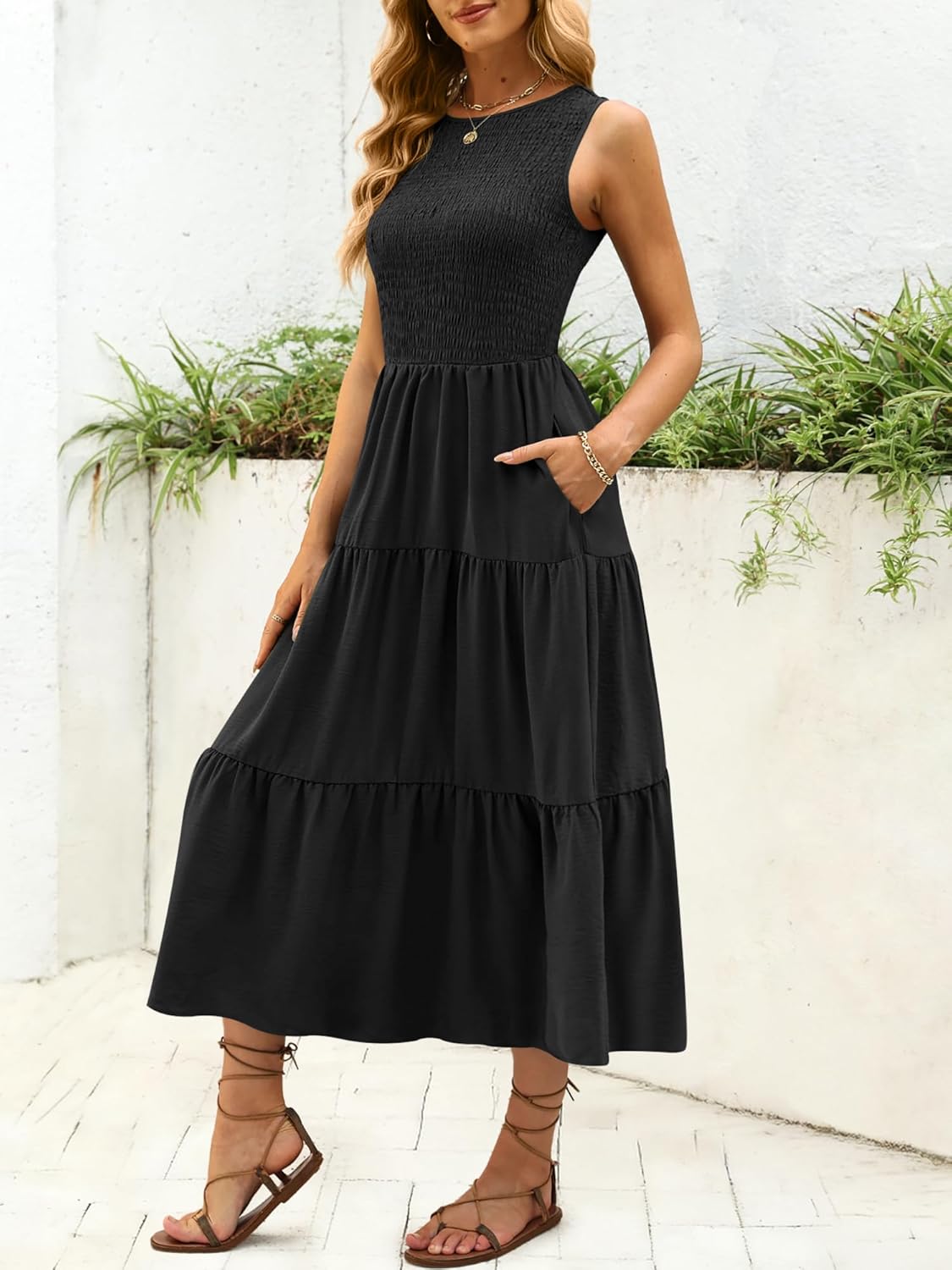 ANRABESS Women's Summer Casual Maxi Dress Sleeveless Crewneck Smocked 2026 Flowy Plaid Tiered Boho A Line Beach Long Sundress - Image 2