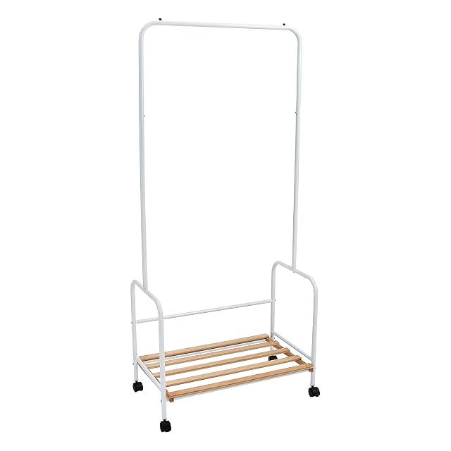 Amazon Basics Steel Garment Rack with Wooden Shelf on Wheels
