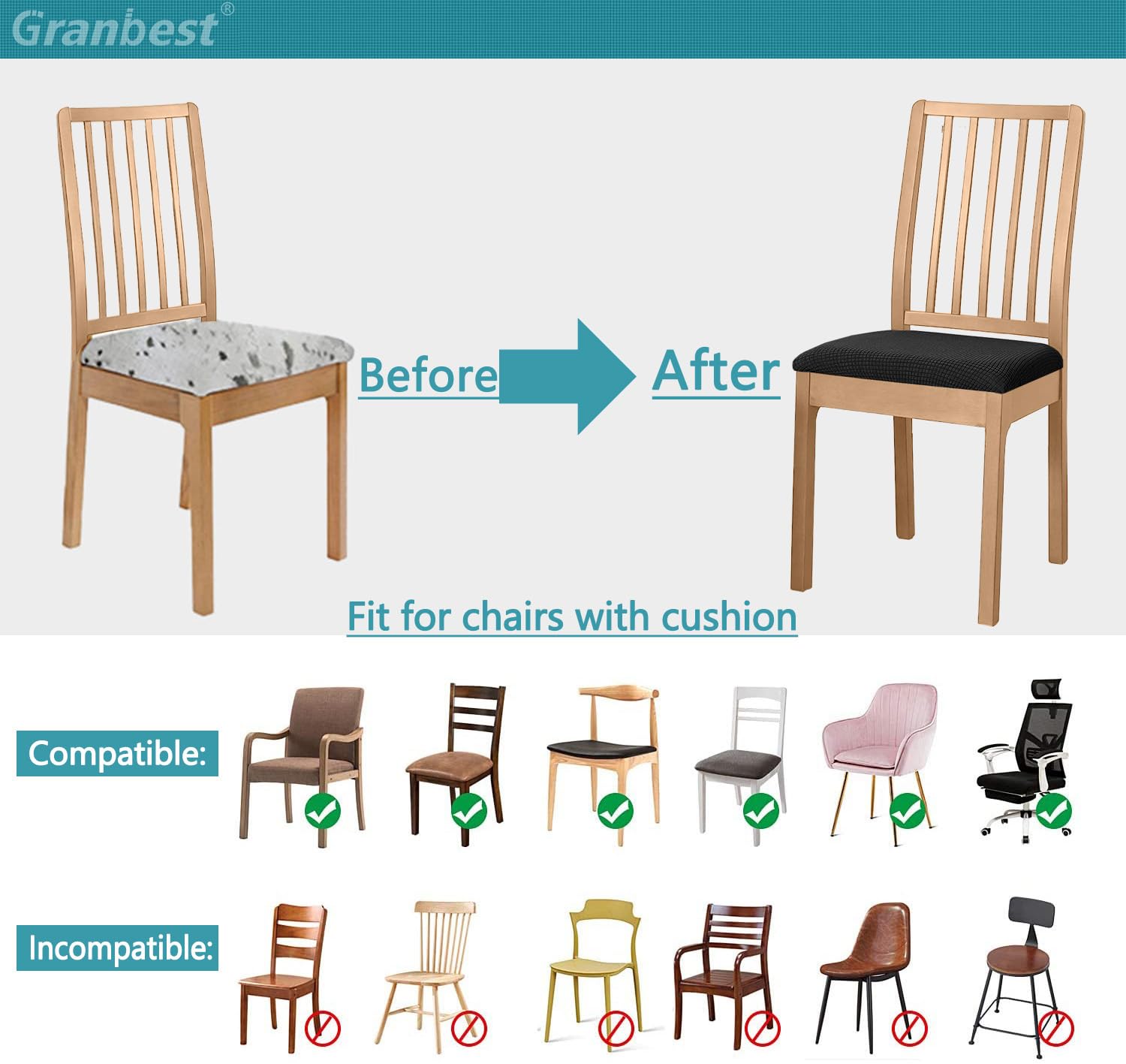 Granbest Set di 4 coprisedili in Jacquard, per Sala da Pranzo, per Sala da Pranzo, Cucina, Colore: Nero