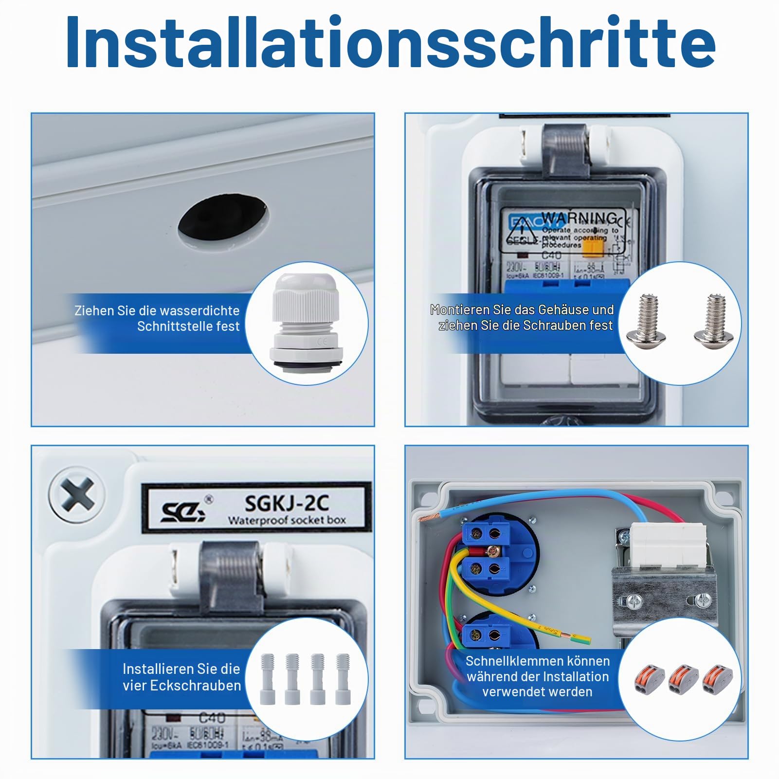 Wandverteiler 16A 250V Baustromverteiler 2-Polig Stromverteiler IP54 Wasserdicht Baustromverteiler mit 32A 1P+N FI Schalter Starkstrom Verteiler mit 2 Schuko-Steckdosen