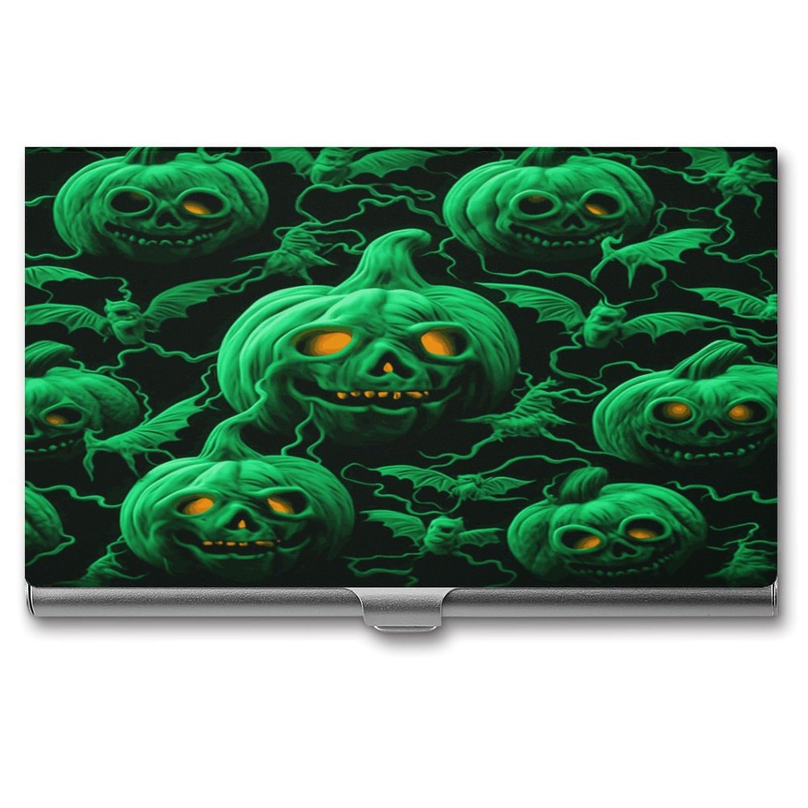 JTREHY Green Ghost Horror Halloween Pumpkin Business Card Case Convenient to Carry Business Card Dispenser Durable Not Prone to Wear And Tear Business Card Holder for Men & Women