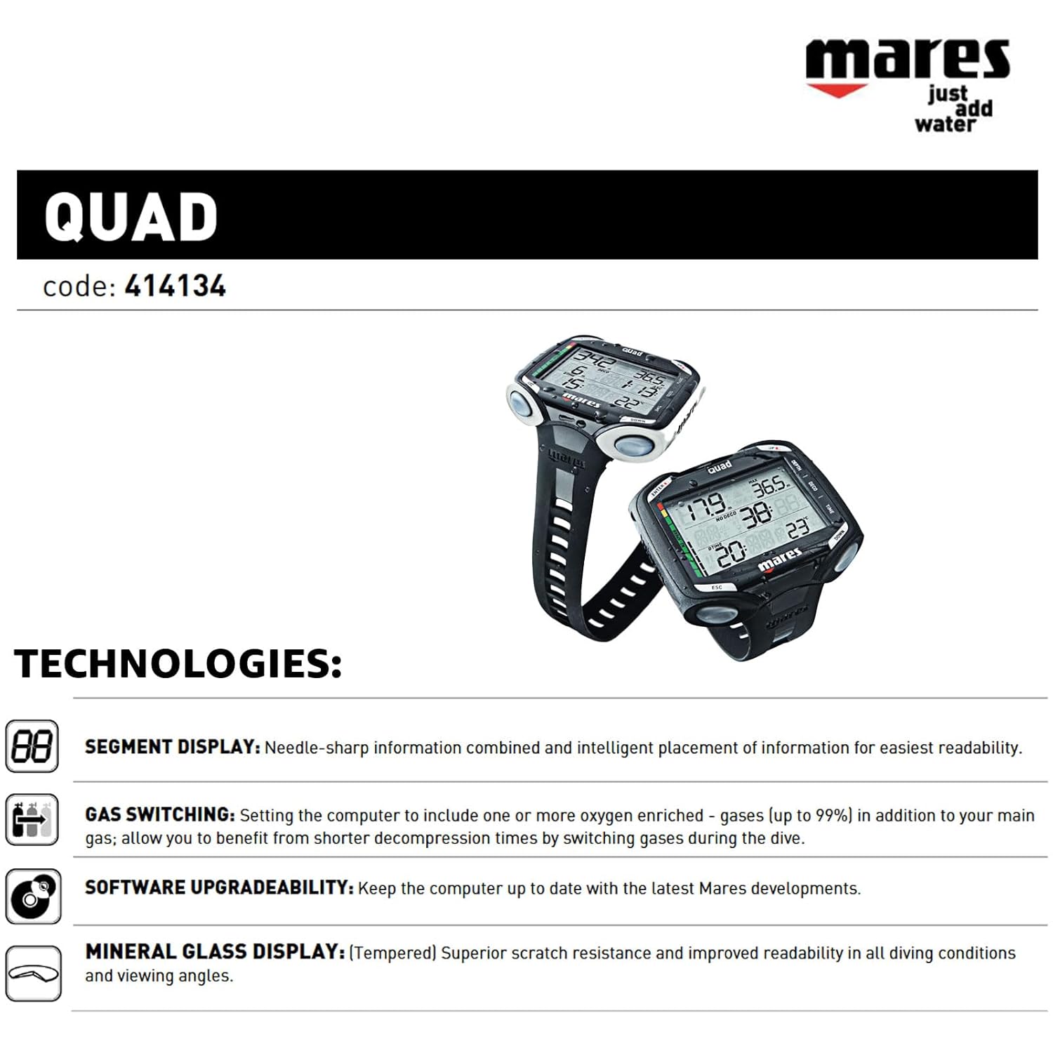 Mares Quad Wrist Dive Computer - Ergonomic Multi-Gas Scuba Diving Accessory with Large Easy-to-Read Screen & Mirrored Button Function for Enhanced Underwater Navigation, Black/Yellow
