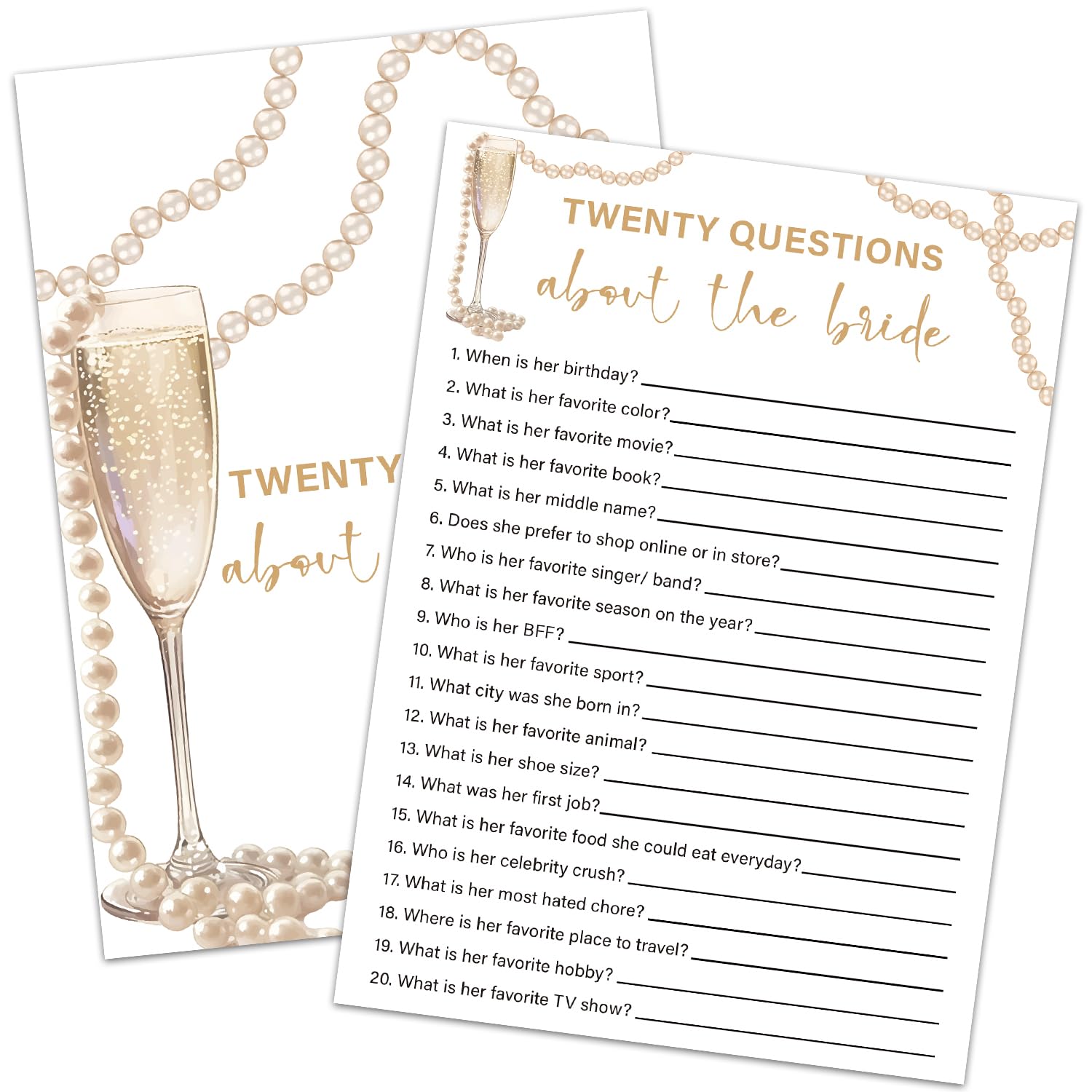 HQLOW Bridal Shower for Engagement Wedding Party, Bridal Shower Games 30 Guests - Twenty Questions About The Bride Game, Wedding Shower Games(Gold
