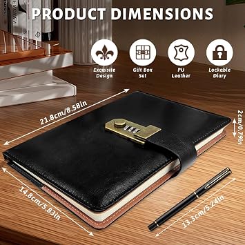 A5 Password Journal with Lock, 200 Pages with Pen and Gift Box Set, PU Leather Lockable Diary Notebook, 8.6 x 5.8 in, Ideal for Daily Journaling, Work, School, Men, Women & Students-Black