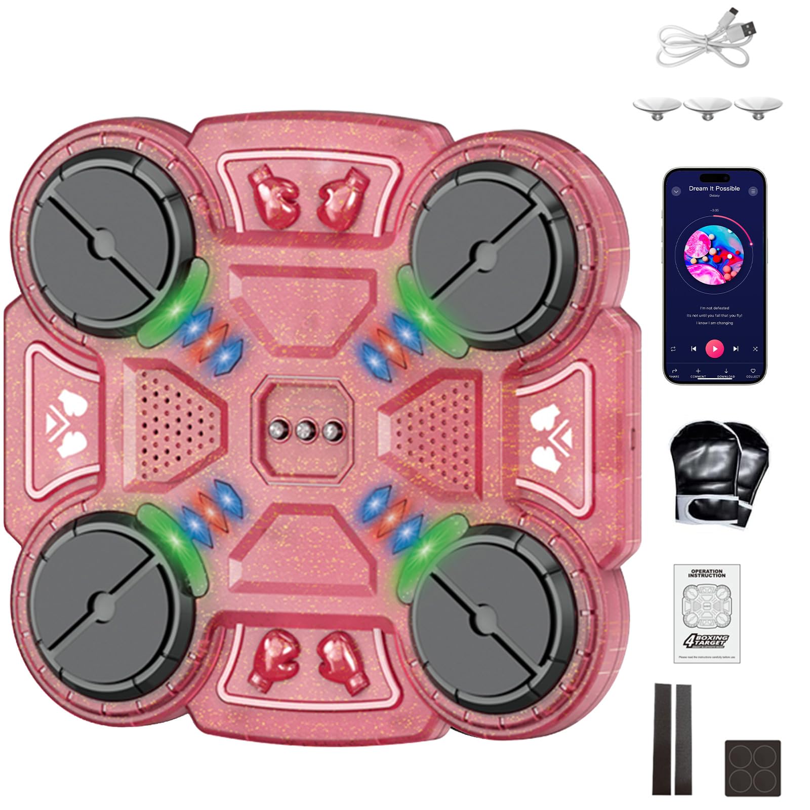 Music Boxings Machine, Smart Bluetooth Music Boxing Machine, Wall Mounted Smart Boxing Target, USB Charging Box Equipment with 3 Speed Levels, Sport Toy Gifts for Boys Girls (Pink-A)