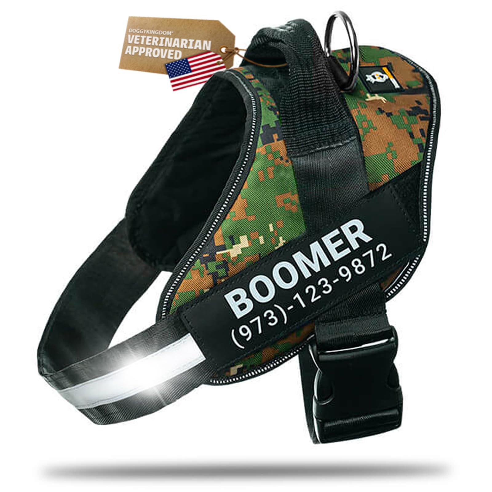 DOGGYKINGDOM Personalized Dog Harness with Custom Name Patches, Adjustable Reflective No Choke Dog Vest with Handle for Medium Sized Dog, Military