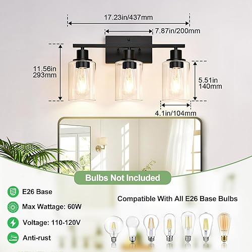 Miniatura 69 de Lámparas de baño de 3 luces, luces de tocador de latón para baño con pantallas de vidrio transparente, modernos apliques de pared de baño