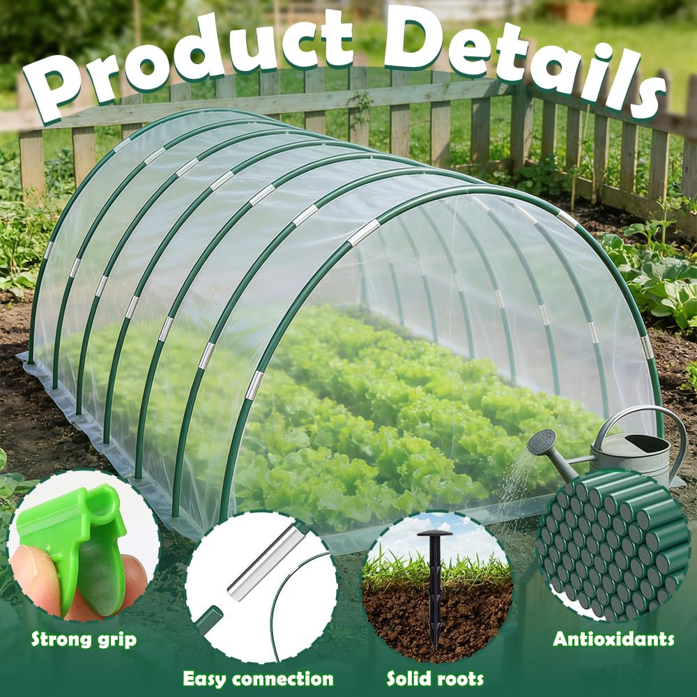 Arceau pour Serre Tunnel, 30 Pièces Arceau de Jardin avc Arceaux, Clous, Tubes de Connexion, Pinces et Gants, Arceaux de Serre pour Tunnels de Culture, Protection Potager Exterieur