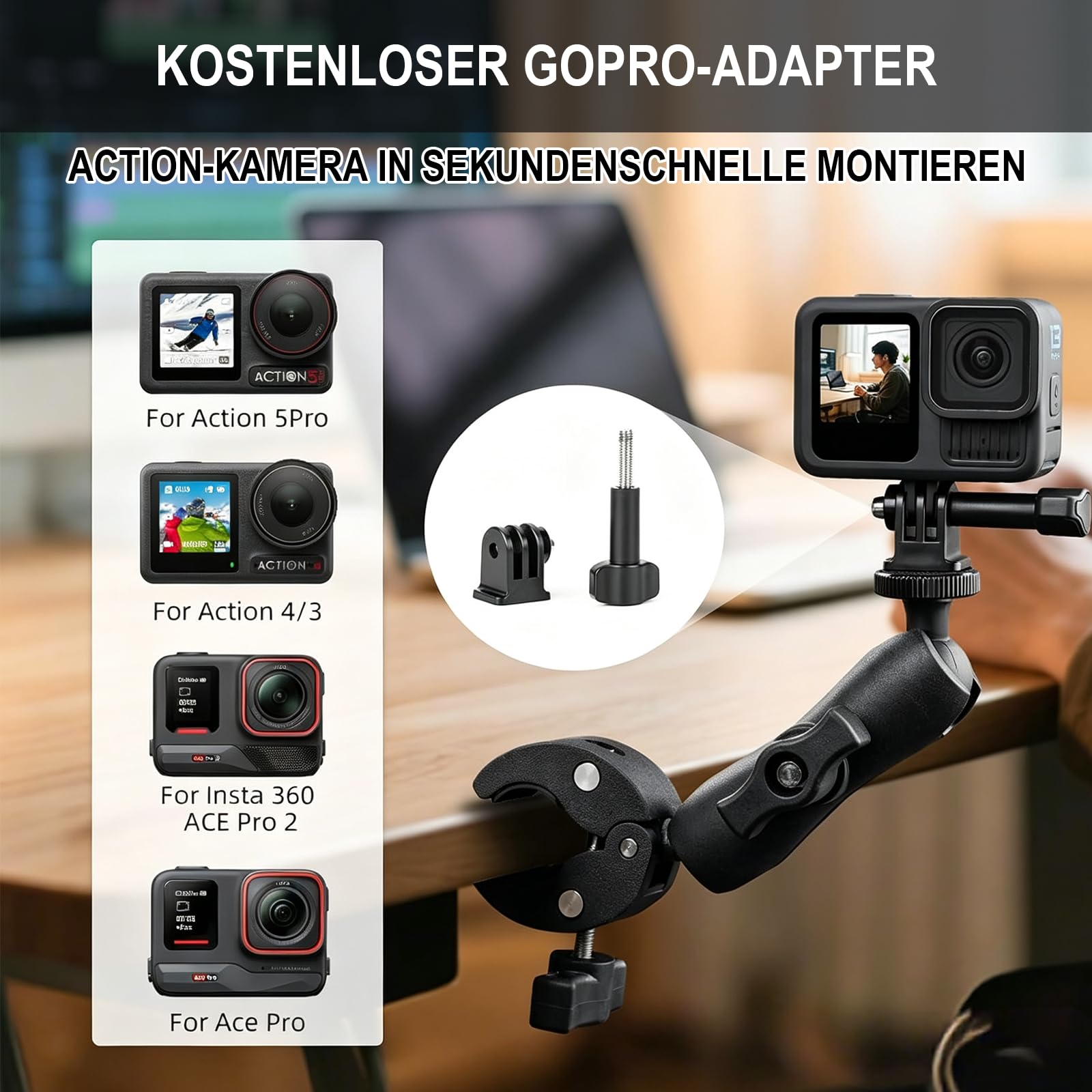 Motorrad Kamera Halterung Set mit Stützklemme und Selfie Stab Double Clamp