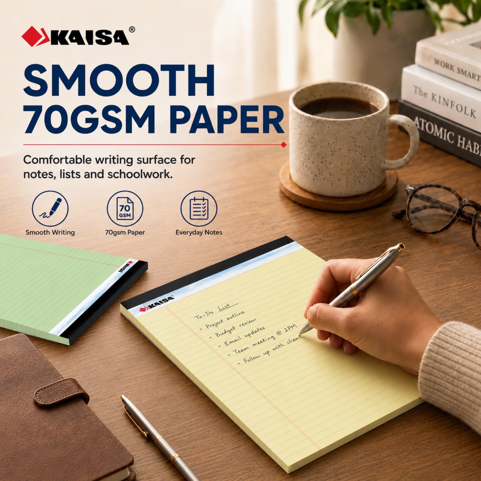 KAISA KSU-5977 Schreibblöcke, breit, liniert, 21,6 x 29,8 cm, dickes 9 kg, farbiges Papier, 40 Blatt/Block, 21,6 x 29,8 cm, perforierter, geschriebener Block, stabile Rückseite, 4 Blöcke 32 DE