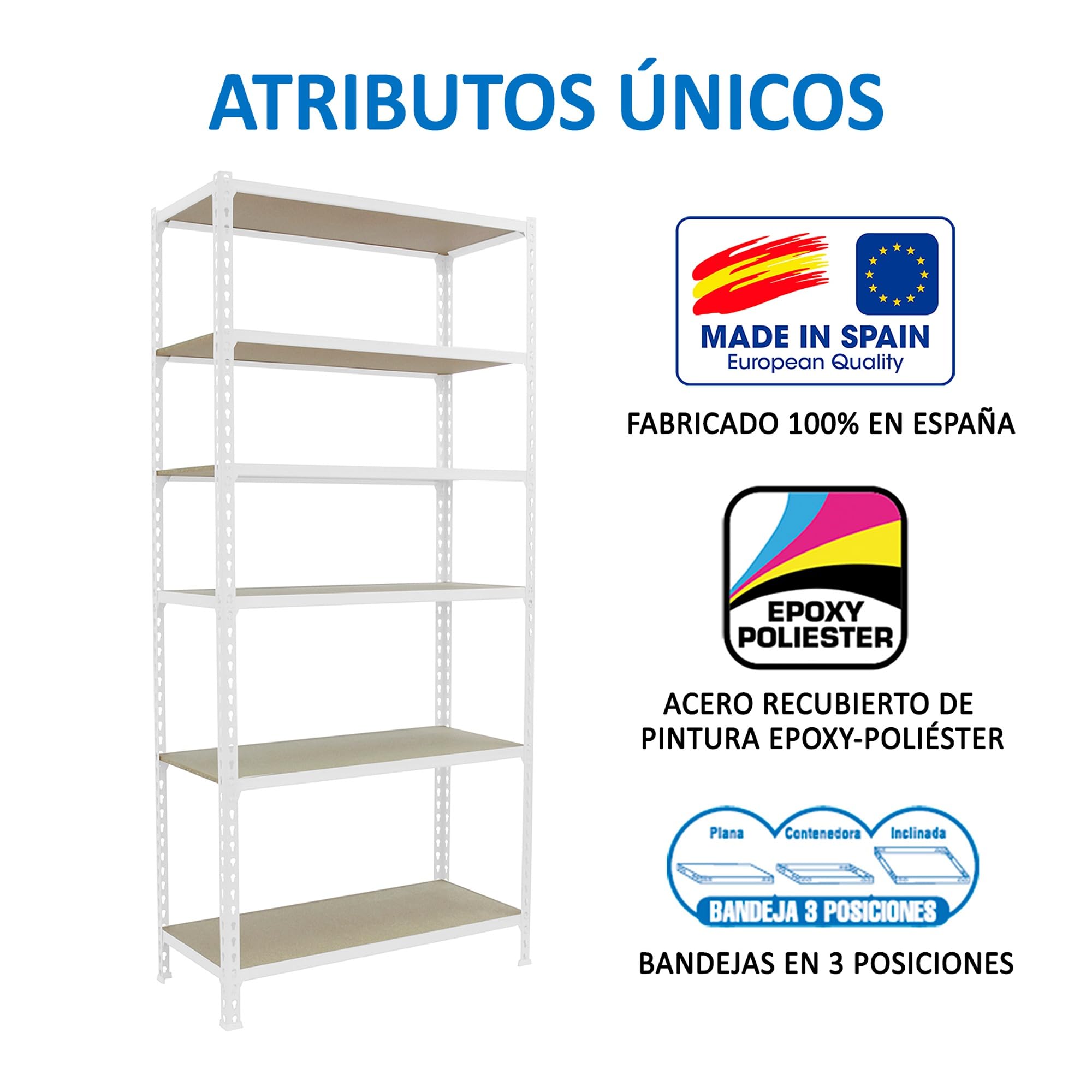 Estantería Metálica Almacenaje Sin Tornillos | 6 Alturas, Bandeja Madera, 150 kg de Punto Flexión, Blanco , Pintura anticorrosión, Montaje sistema clic
