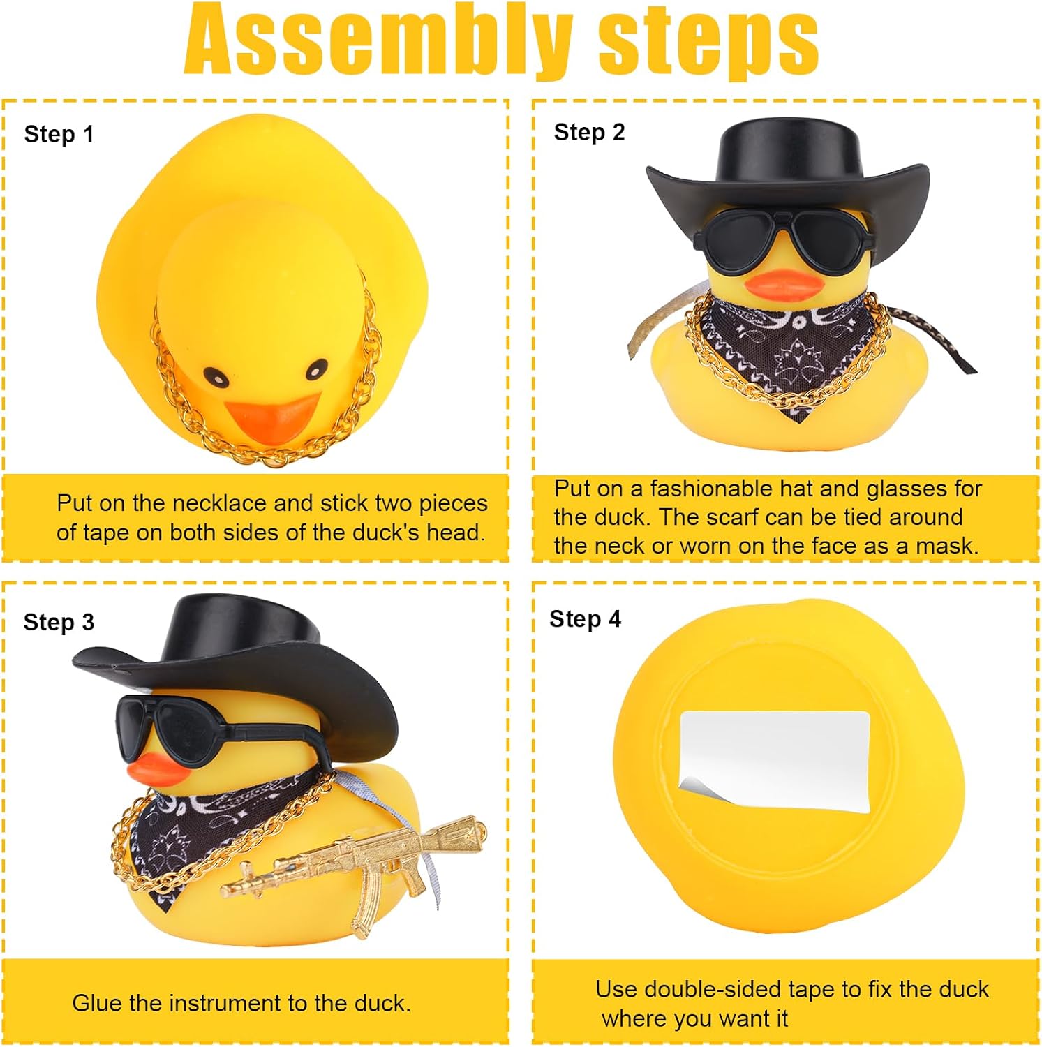 BOXOB 2pcs Rubber Ducks Car Dashboard Decor, Funny Duck Car Interior Decoration with Cowboy Hat Gold Necklace and Sunglasses Cool Auto Accessories for Office Home Desk