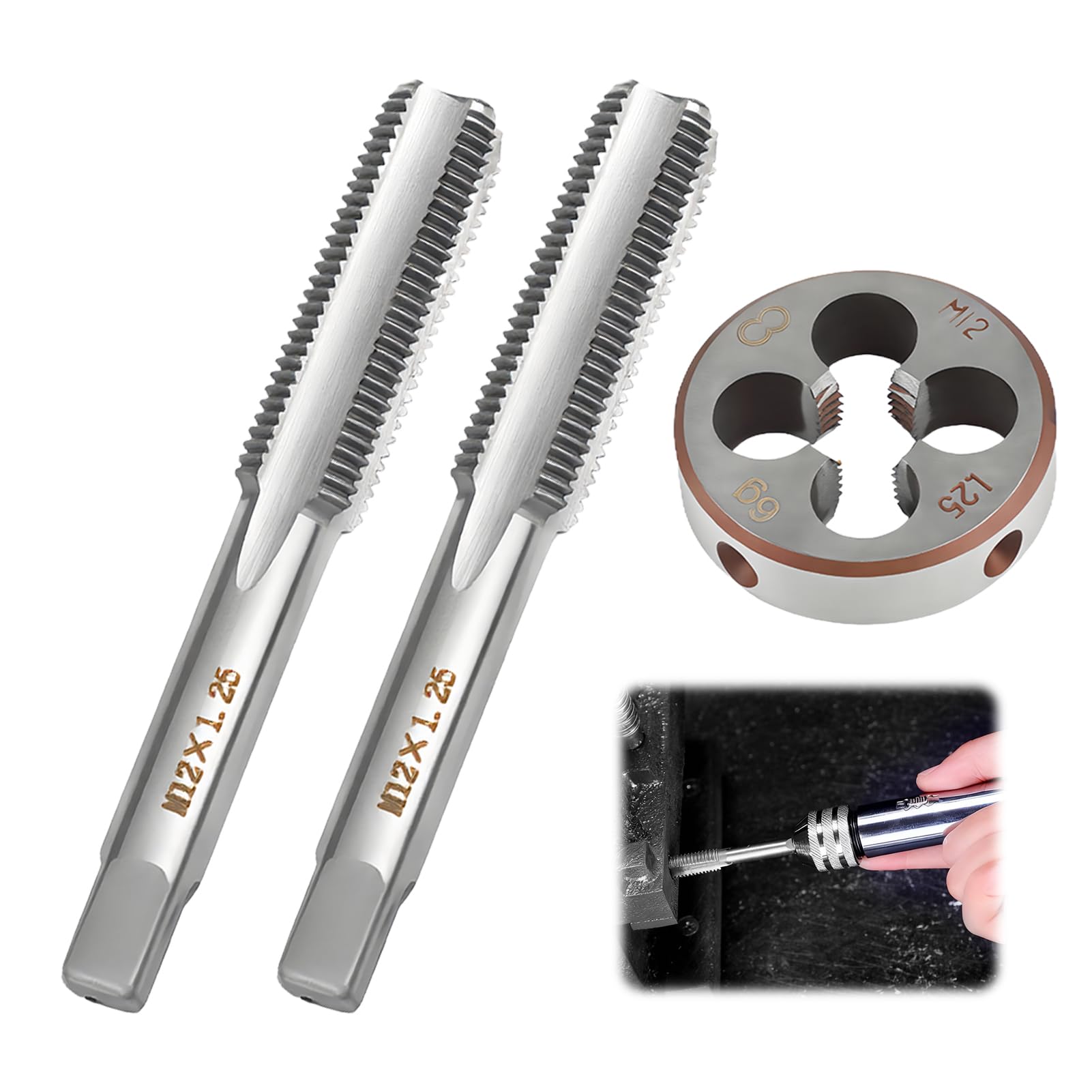 QEAS 3PCS M12 x 1.25mm Metric Tap and Die Set, Easy to Use, Tap and Die Set Fine Threading Tapping Tools for Repair