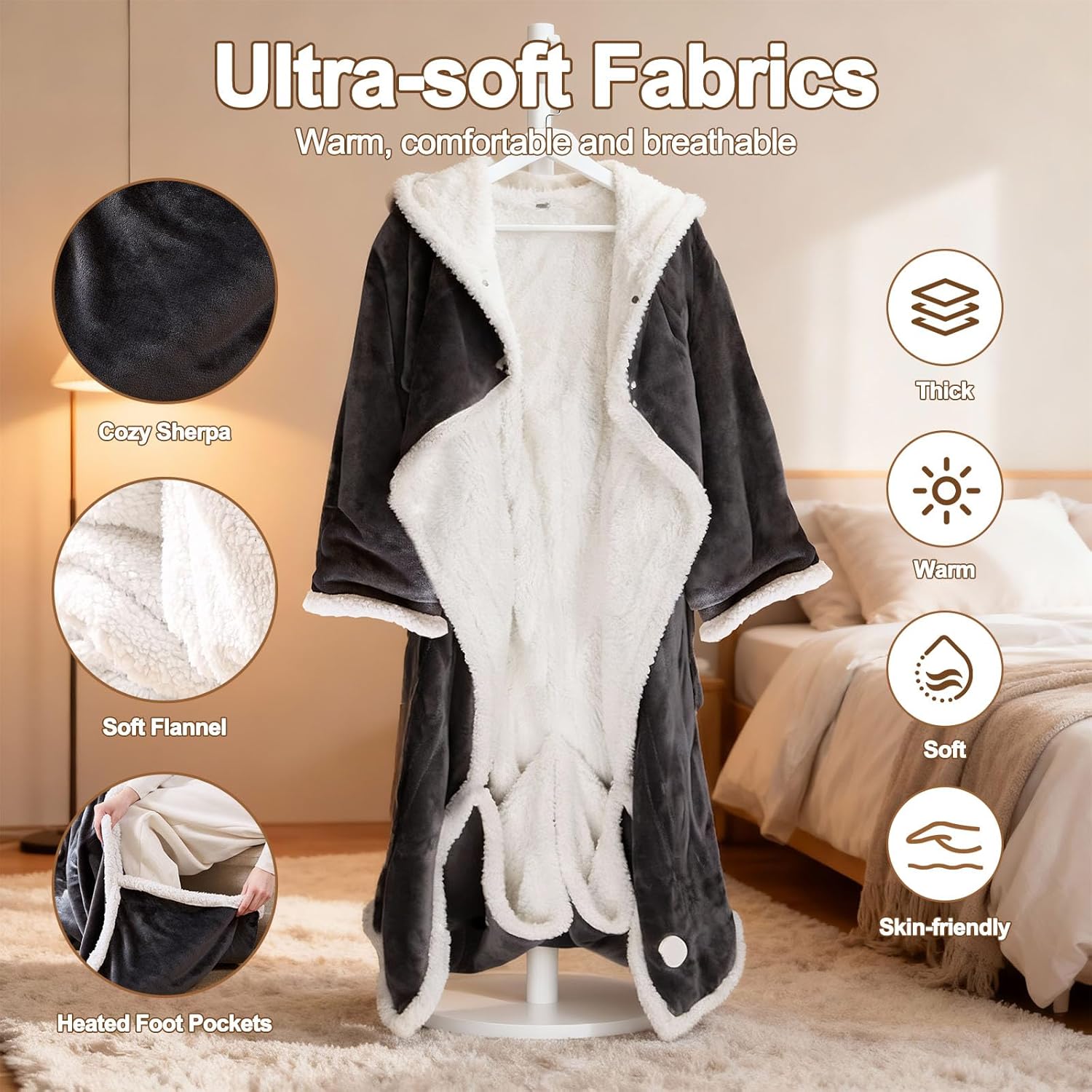 Wearable Heated Blanket with Foot Pocket - Electric Blanket with Sleeves, Portable Heated Throw Blanket for Women Men, Heated Snuggie with 8 Heating Levels, 1 to 12 Hours Time Settings, 70" x 50" - Image 5